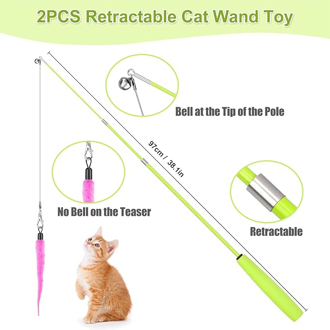 Cat Toys Interactive for Indoor Cats, 2 Retractable Cat Wand Toys, 2 Hanging Door Cat Toy with Mouse Fish, 5 Teaser Toys, Cat Feather Toys for Bored Indoor Adult Cats Kitten Stimulation Exercise Toys