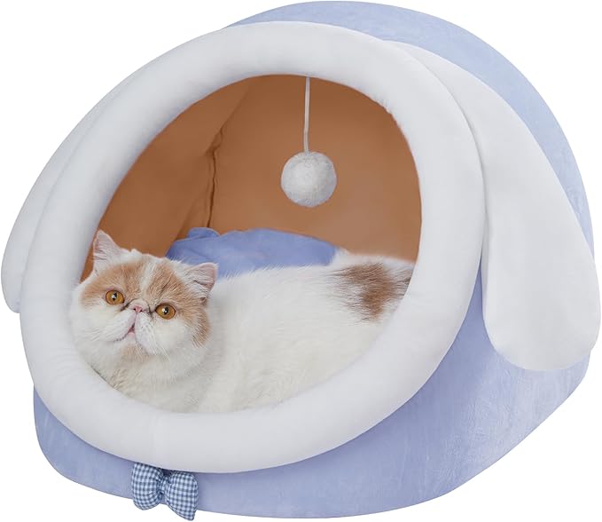 Jiupety Cute Cat Bed, Indoor Lovely Crystal Velvet Igloo for Cat and Small Dog, Warm Cat Bed Cave for Puppy and Kitten, Big Ear, L.