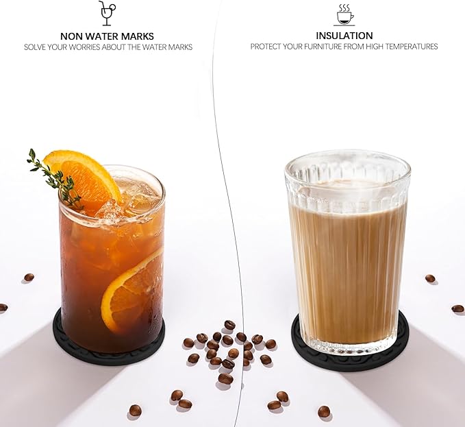 Black Silicone Coffee Coaster Set of 6 with Holder, 4 Inches Modern Bar Coasters for Desk, Tabletop Non Slip Decorative Cup Mat for Drinks, Beer, Beverage - Dishwasher Safe