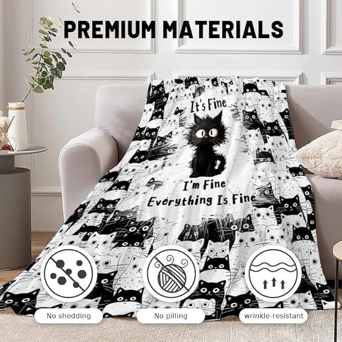 Cat Blanket, Black Cat Gifts for Cats Lovers, I'm Fine Everything is Fine Black Cats Blanket 50"X40", Kitten Lovers Gifts for Women Girls Kids Adults
