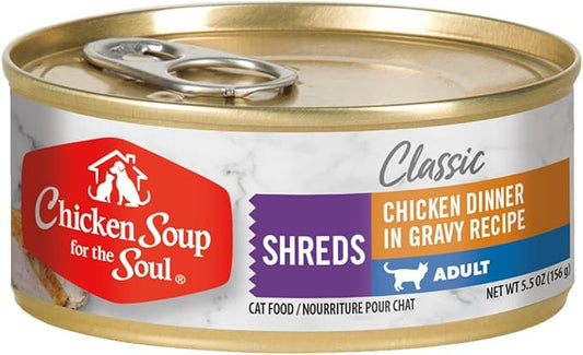 Chicken Soup for The Soul Classic Wet Adult Cat Food, Chicken Shreds Dinner, 5.5 Ounce Can (Pack of 24) | Soy Free, Corn Free, Wheat Free, Canned Cat Food Made with Real Ingredients