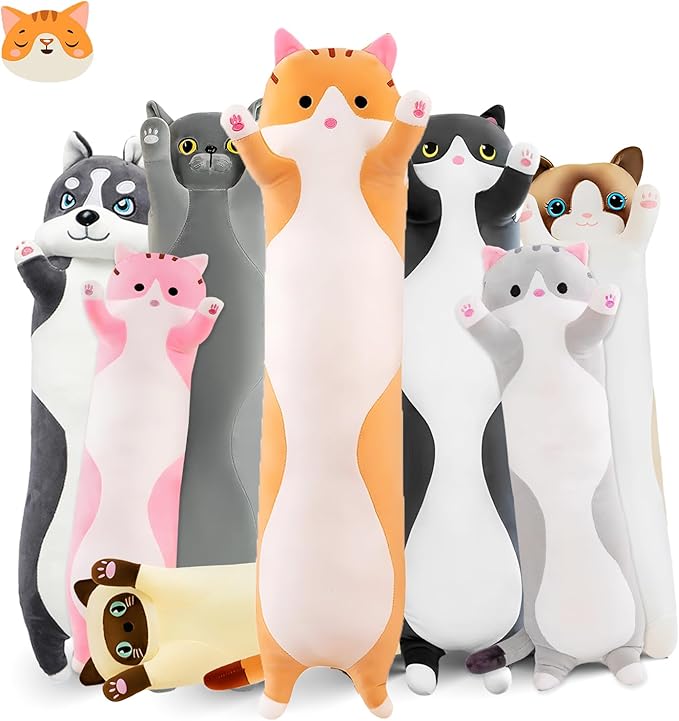 Long Cat Plush Pillow, 35.4in Cute Cat Plushie Stuffed Animals Body Pillow, Yellow Kawaii Kitten Soft Plushie Doll Toy Birthday Gift for Kids Girlfriend
