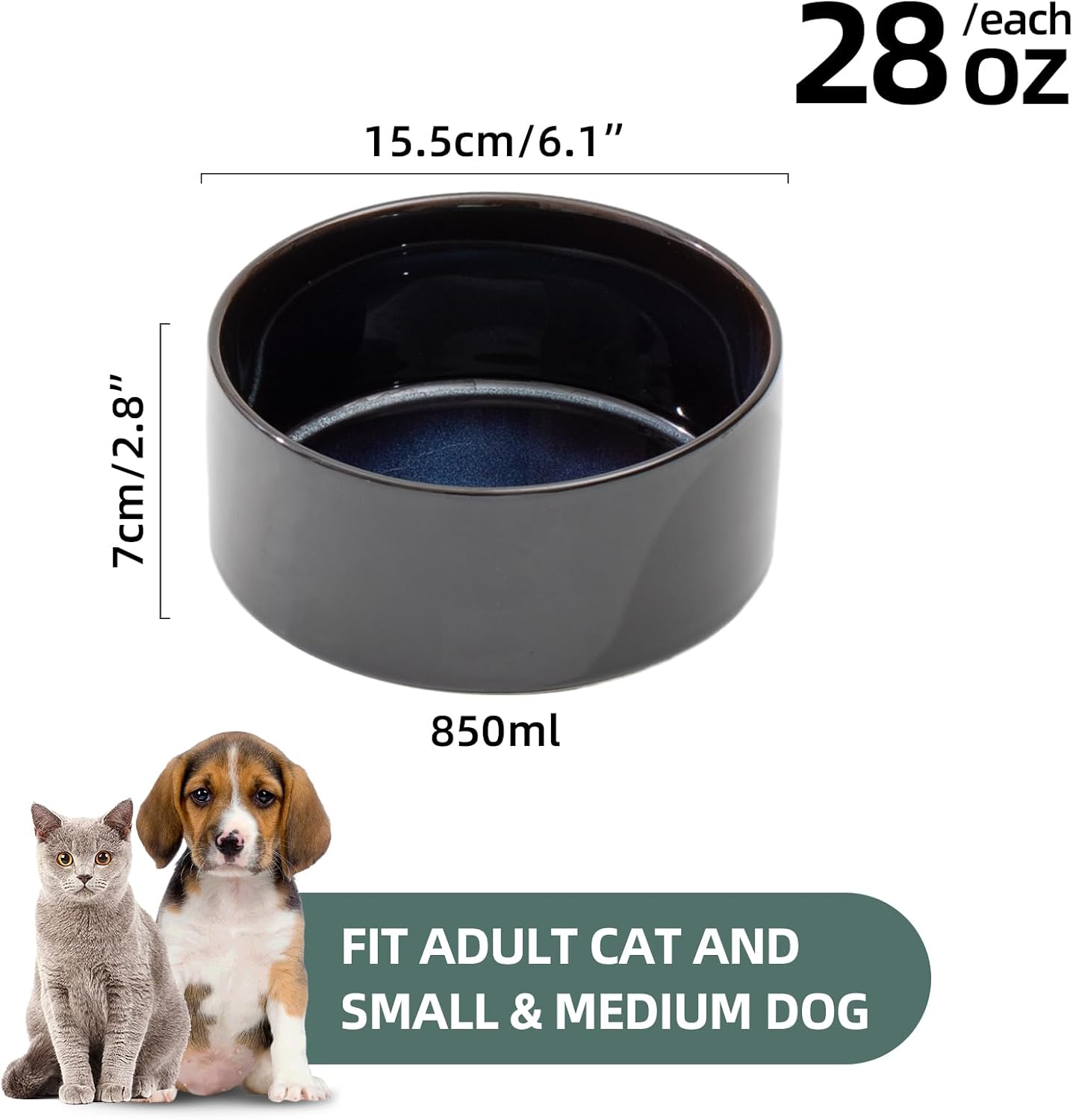 Ceramic 6.1inch Dog Bowls for Small and Medium Breed Dog Dish Pet Food and Water Bowl (Set of 2 Bowls - Starry Sky, 28oz)