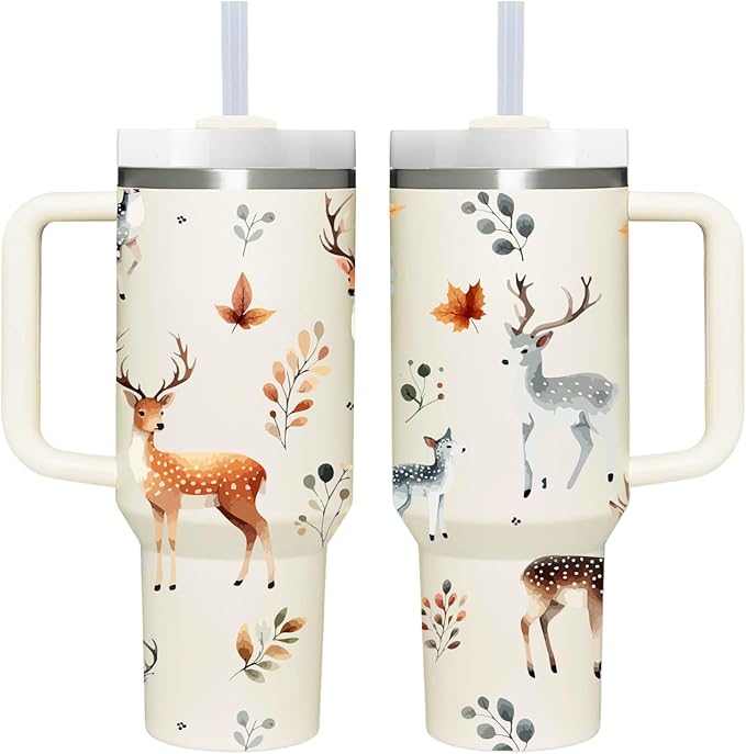 AMZUShome 40 OZ Deer Tumbler with Handle. Deer Lover Gifts. Unique Birthday Christmas Gifts. 40 OZ Insulated Stainless Steel Tumbler with Lid and Handle for Women Men