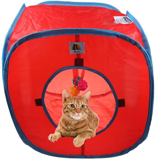 emours Cat Play Cube Collapsible Tunnel Cat House Toys,with 4 Balls, Red