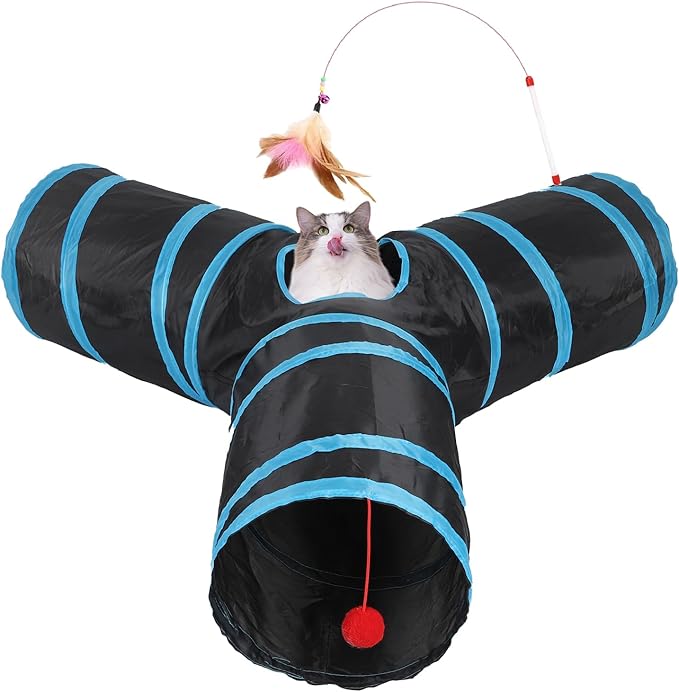 3 Way Cat Tunnel and Tube, Cat Tunnels for Indoor and Outdoor Cats, Collapsible Cat Tunnels with Peek Hole for Cat, Puppy, Kitty, Rabbit, Puppy (Y-Shaped Black-Blue)