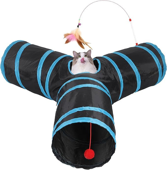 3 Way Cat Tunnel and Tube, Cat Tunnels for Indoor and Outdoor Cats, Collapsible Cat Tunnels with Peek Hole for Cat, Puppy, Kitty, Rabbit, Puppy (Y-Shaped Black-Blue)