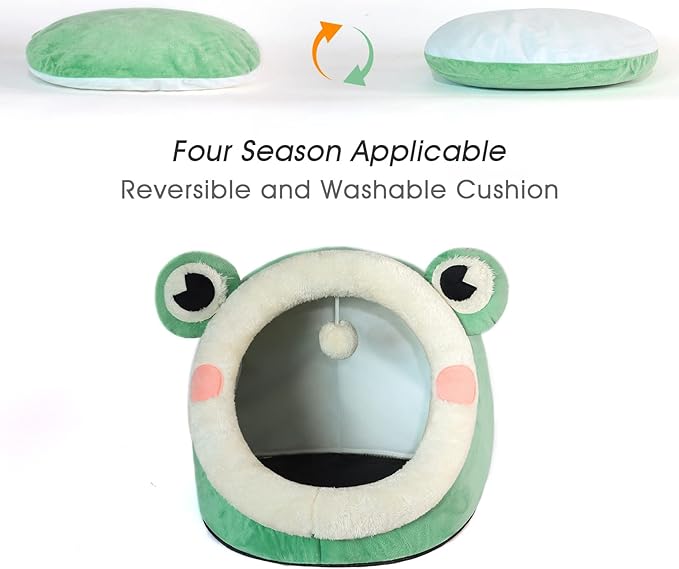 Jiupety Cute Cat Bed, Indoor Lovely Crystal Velvet Igloo for Cat, Warm Cave Sleeping Nest Bed for Puppy and Kitten, Green Frog, S