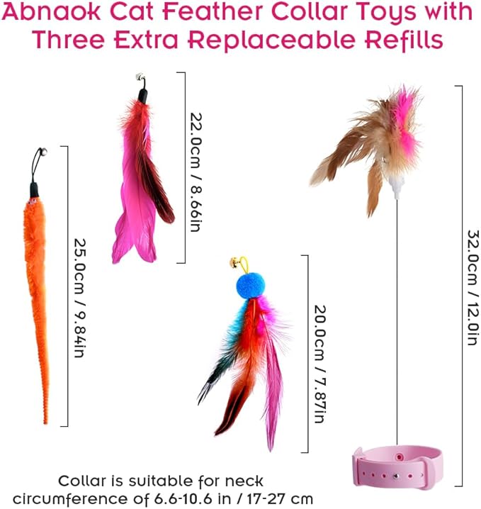 Abnaok Cat Feather Collar Toys, Interactive Cat Toys for Indoor Cats Teasing Wand Collar Funny Cat Toy with Bell and Replaceable 3 Feathers Refills Multiple Ways for Cats to Play