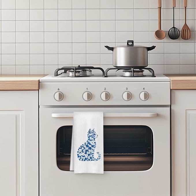 Blue Floral Cat Kitchen Towels, Cat Lovers Mom Lady Gifts Hand Towels for Bathroom, Kitty Kitten Dish Tea Towels for Kitchen Decor, 16x24 Inch