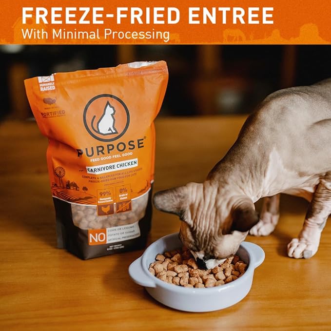 PURPOSE Freeze Dried Raw Cat Food, Grain Free Dry Cat Food, Complete Balanced Meal or Topper, Protein Rich Cat Food for All Breeds and Life Stages, Pure Chicken Recipe Mini Nibs Entrée, 9 oz, USA Made