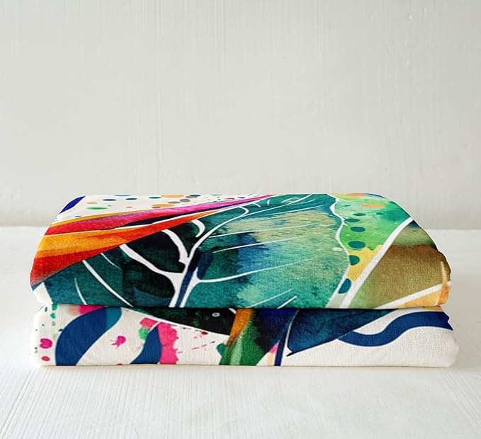 Tropical Leaves Fleece Throw Blanket Botanical Floral Printed Plush Blanket for Sofa Couch Bed Geometric Triangles Sherpa Blanket Bird Flower Leaf Fuzzy Blanket Colorful Room Decor King 87x95 Inch