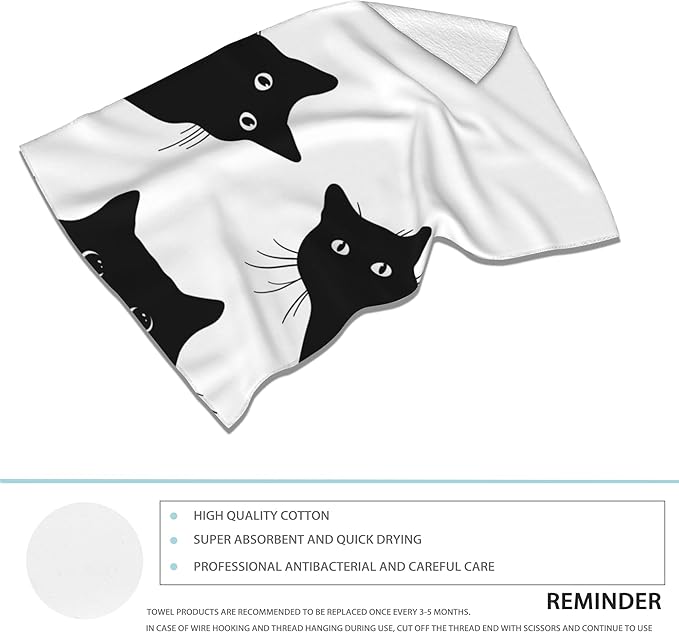 Black Cat Hand Towels - Set of 2, Soft Polyester Cotton Bath Towels - 14"X28"