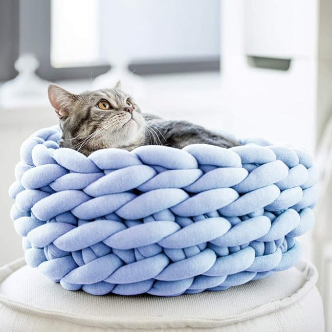 Lucky Monet Cat Basket Bed Cotton Knitted Round Pet Beds for Cats Cute Boho Cat Pet Bed Warm Woven Cat Nest for Puppy Kitten Cats Dogs (19.7", Blue)