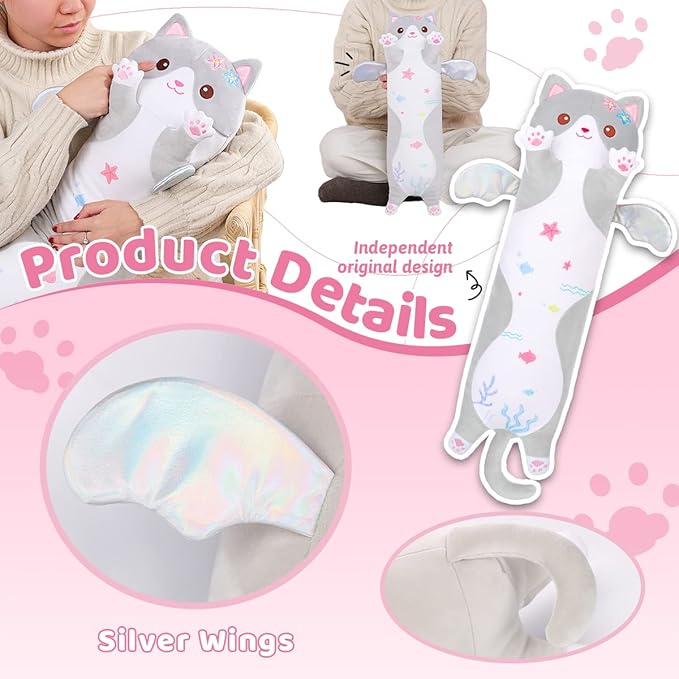 AIXINI Long Cat Plush Pillow Cartoon Cute Gray Cat Stuffed Animals, Soft Kawaii Kitten Plushies Pillow Toy for Kids (Gray,27.5inch)