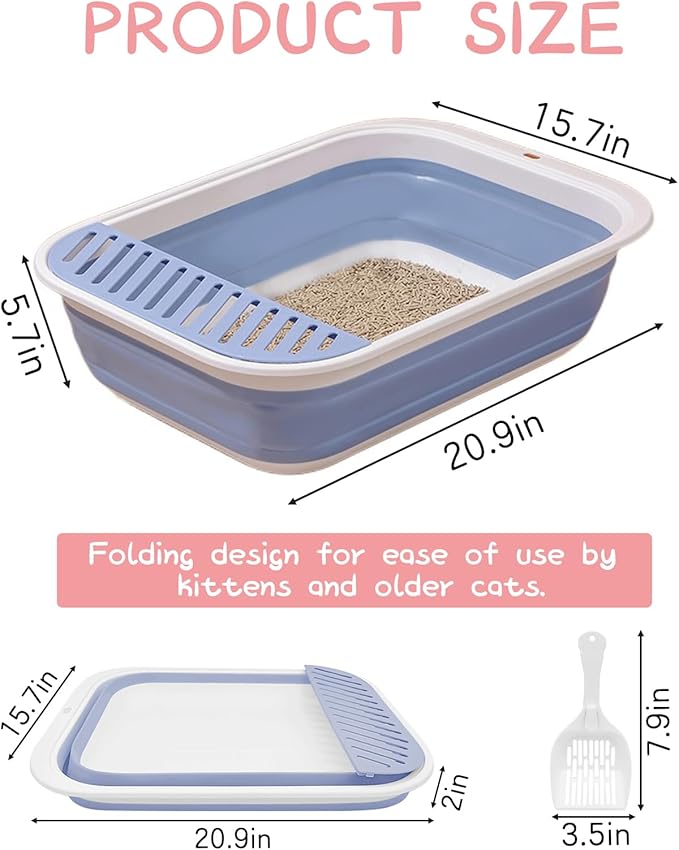 BNOSDM Senior Cat Litter Box Low Entry Kittens Travel Litter Box with Scoop Open Collapsible Shallow Cats Potty Pan Foldable Pet Toilet for Sick Disabled Older Elderly Cats Blue