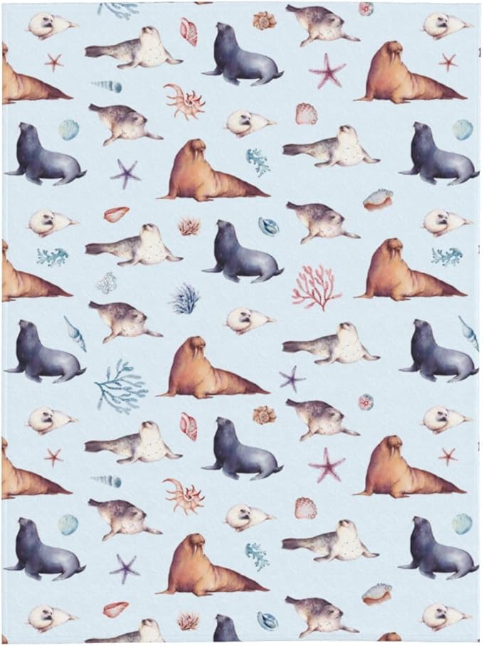 Sea Lion Blanket Throw 60"x50", Plush Flannel Sea Animals Blanket, Soft Warm Decorative for Kids Women