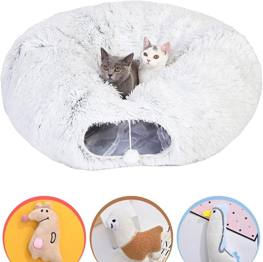 Cat Tunnel Bed - Cat Bed Cave with Collapsible Donut - Comfy Hideaway with Complementary cat Toys for Your Feline Friend