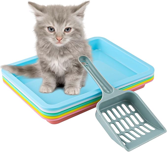 5pcs Kitten Litter Box, 9.65x7.28x0.98 inch Small Cat Litter Box with Litter Spatula Shallow Litter Pan Plastic Litter Tray Portable Cat Waste Tray Kitten Boxes for Indoor Cats Low Entry (5 Colors)