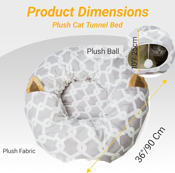 LUCKITTY Large Cat Tunnel Bed with Plush Cover,Fluffy Toy Balls, Small Cushion and Flexible Design- 10 inch Diameter, 3 ft Length- Great for Cats, and Small Dogs, Gray Geometric Figure