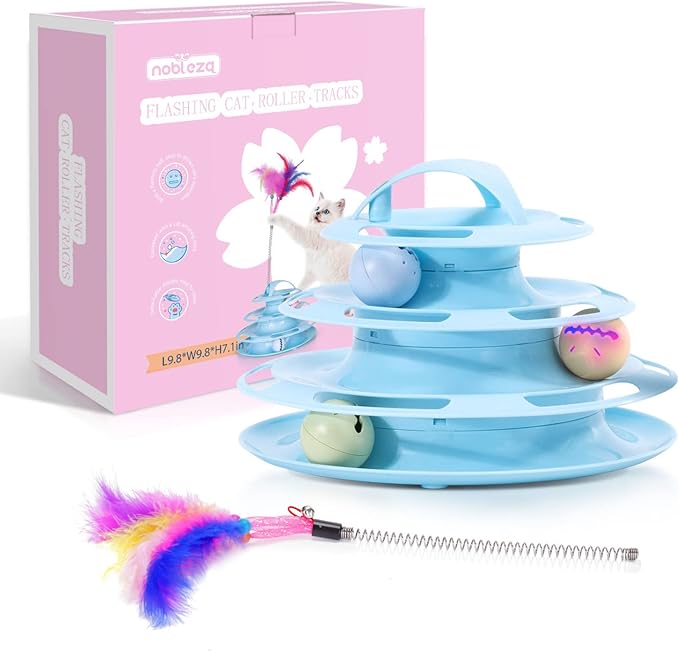 Nobleza Interactive Cat Toys for Indoor Cats, 4 Level Turntable Kitten Toy Ball Track with Catnip Flash Balls & Funny Cat Stick Toy, Cat Roller Toy for Stimulating Kitty Senses & Hunting Instincts