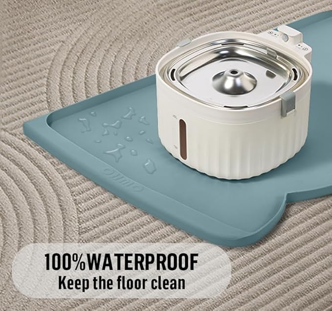 OHMO Dog Food Mat(Light Blue, 24 * 15'') w/Residue Collection Pocket Silicone Pet Feeding Mat for Floor High Edges Anti Spills Waterproof Cat Water Bowl Tray, Easy Clean Placemat
