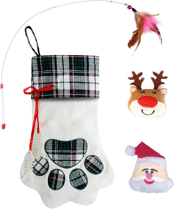 Cat Christmas Stocking with Toys for Cats and Kitten, Cat Christmas Stocking Stuffers 22 Assorted Toys Gift Set, Medium Breeds