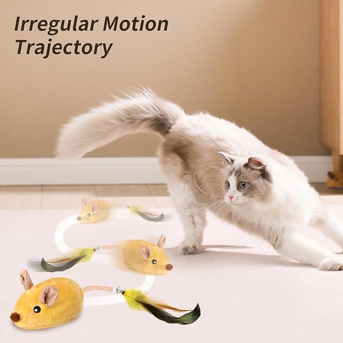 Interactive Cat Toys Mouse for Indoor Cats Rechargeable LED Cat Mouse Toy Feather Bell Tail Lifelike Electric Automatic Moving Mouse Cat Toy for All Breeds Cat Boredom Exercise-Yellow