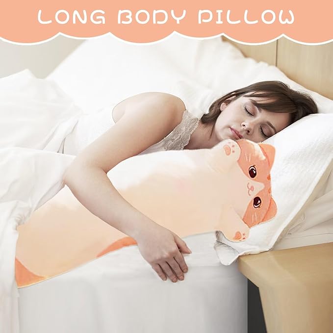 Cat Stuffed Animal Kids Body Pillow for Girls, Soft Cute Plushies Long Cat Hugging Body Pillows with Removable Zipper Cover, Pink Cat Plush Pillow for Cuddling Sofa Bed Décor
