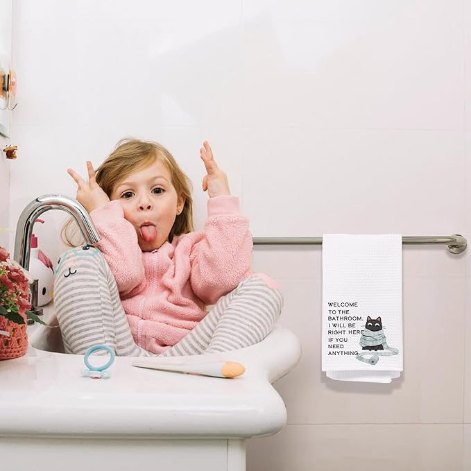 Black Cat Bathroom Hand Towels, Welcome to The Bathroom Humorous Black Cat Decorative Hand Towels, 16x24 Inch