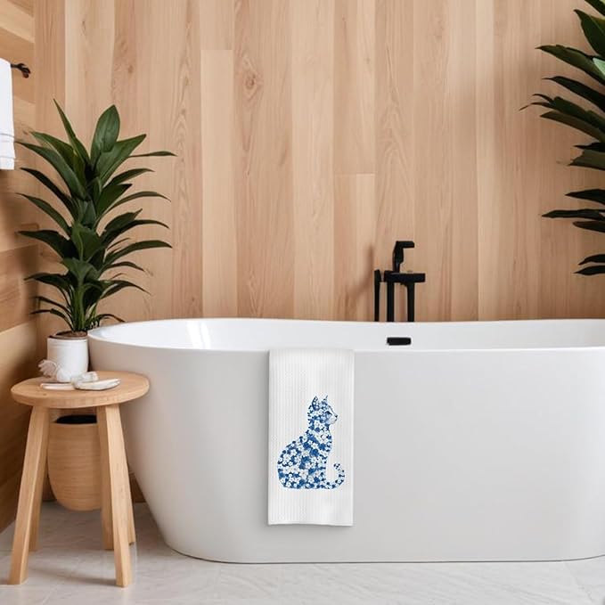 Blue Floral Cat Kitchen Towels, Cat Lovers Mom Lady Gifts Hand Towels for Bathroom, Kitty Kitten Dish Tea Towels for Kitchen Decor, 16x24 Inch