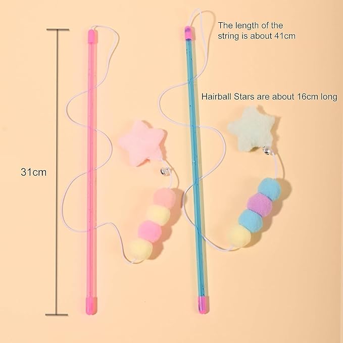 Pink Cat Stick Toy Elastic Rope Plush Ball Star Pendant Bite-Resistant Comfortable Grip Relieve Boredom Handmade Kitten Teaser Wand Cat Mice and Animals Toys