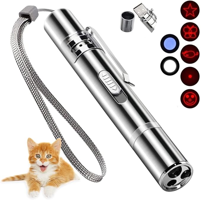 Cat Toys for Indoor Cat Mouse Toys Pet Interactive Toys Pointer Kitten Cat Dog Chase Play LED Flashlight 7 Adjustable Patterns Red Light Remotes Teaching Tool Rechargeable