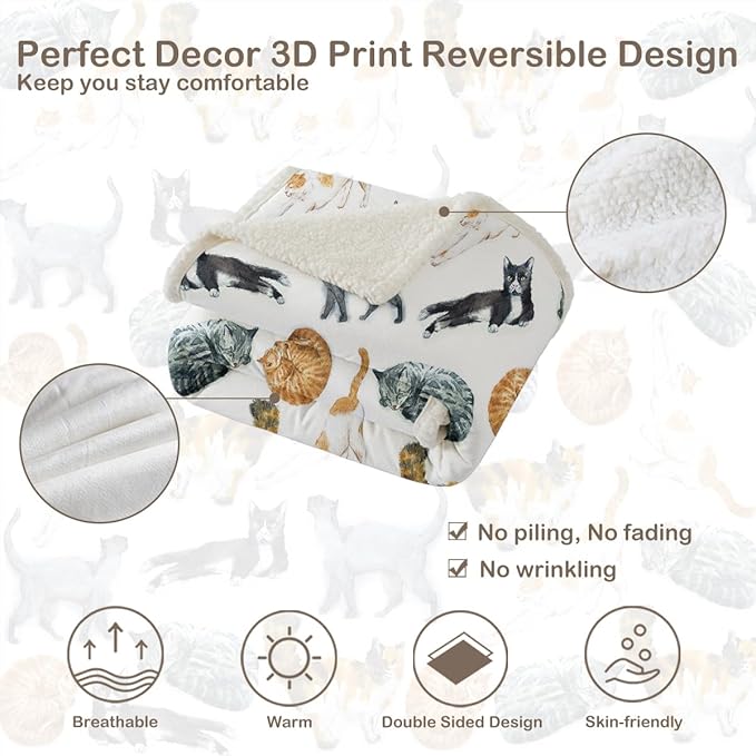 Sleepwish Colorful Cat Fleece Throw Blanket for Couch Chair Fuzzy Kitten Print Plush Sherpa Blanket Gifts for Cat Lovers Kids, Baby(30"x 40")