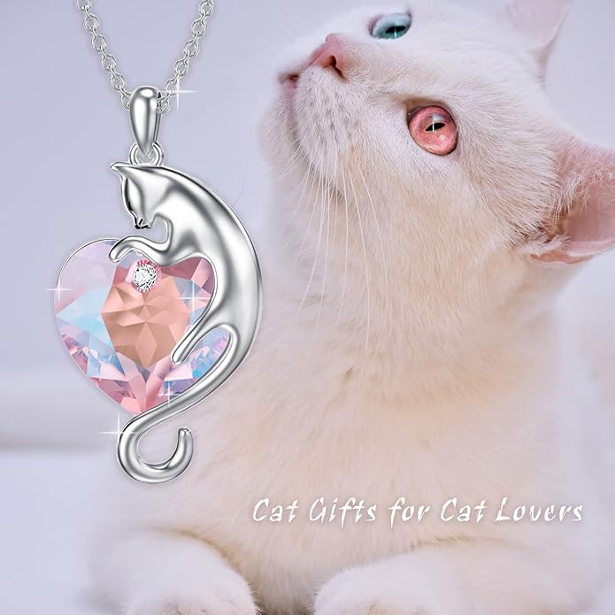 AOBOCO Valentine Cat Necklace for Women 925 Sterling Silver Cat Pendant Necklace Embellished with Crystals from Austria Jewelry Gifts for Cat Lovers