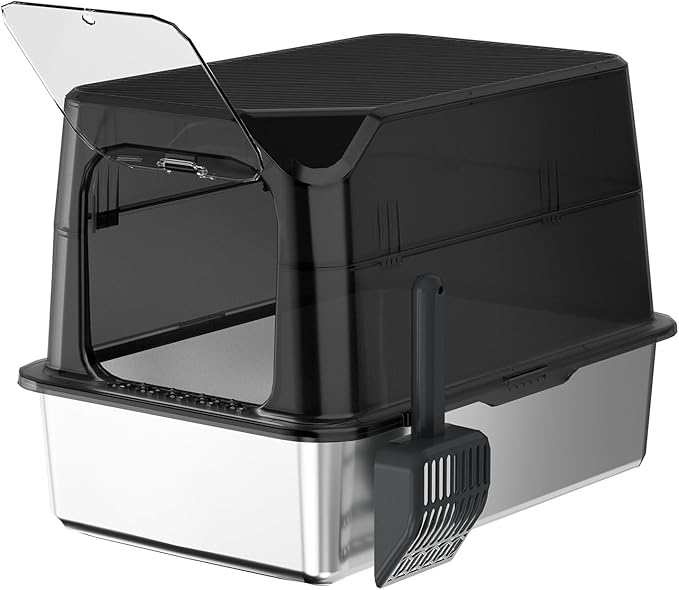Black Translucent Stainless Steel Cat Litter Box with Lid Metal Extra Large Litter Box Enclosed Stainless Steel Litter Box Deodorize Non Sticky Easy to Clean Include Shovel(Black Translucent)