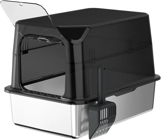 Black Translucent Stainless Steel Cat Litter Box with Lid Metal Extra Large Litter Box Enclosed Stainless Steel Litter Box Deodorize Non Sticky Easy to Clean Include Shovel(Black Translucent)