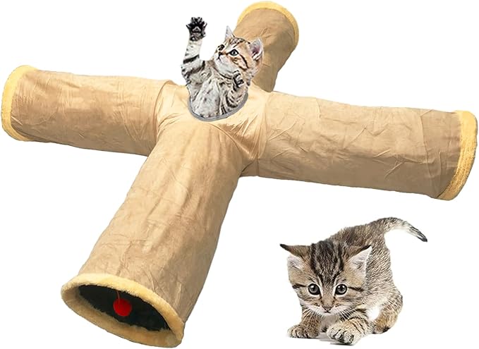 Cats Bunny Tunnel Tube,Extra Long 4-Way Collapsible Small Animal Play Tunnel Toys Durable Suede with Hanging Ball Toy for Indoor Cat Kitten Kitty Bunny Rabbit Ferret