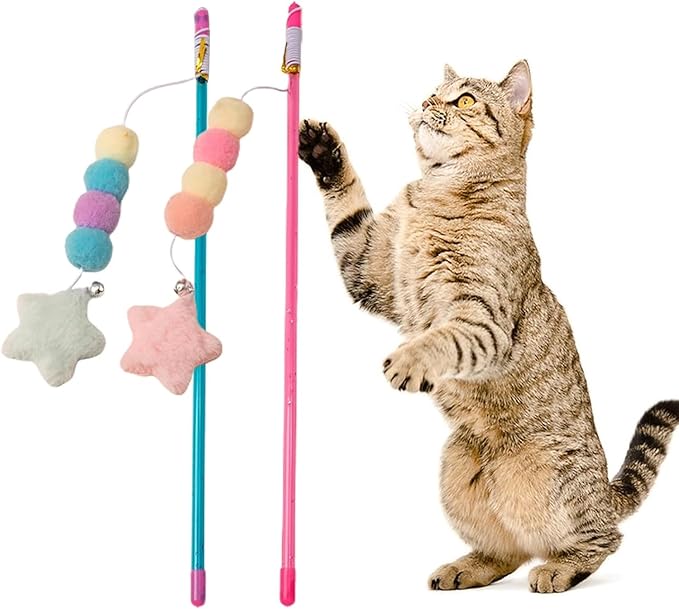 Pink Cat Stick Toy Elastic Rope Plush Ball Star Pendant Bite-Resistant Comfortable Grip Relieve Boredom Handmade Kitten Teaser Wand Cat Mice and Animals Toys