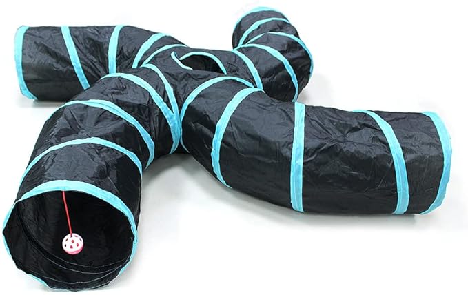Cat Tunnel for Indoor Cats Large, with Play Ball S-Shape 5 Way Collapsible Interactive Peek Hole Pet Tube Toys, Puppy, Kitty, Kitten, Rabbit (Blue & Black) (4-Way)