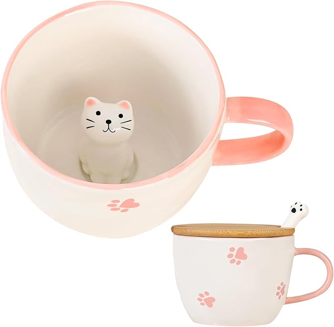 BigNoseDeer Kawaii Cat Mug with 3D Kitty Inside Cute Mugs Ceramic Tea Cup Coffee Mug Gifts for Women Girlfriend Kids White Elephant Gifts (13oz)