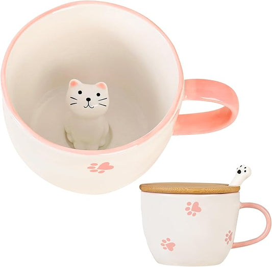 BigNoseDeer Kawaii Cat Mug with 3D Kitty Inside Cute Mugs Ceramic Tea Cup Coffee Mug Gifts for Women Girlfriend Kids White Elephant Gifts (13oz)