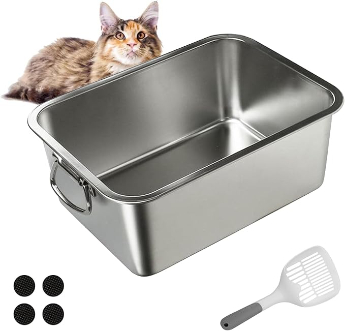 BNOSDM Cat Litter Box Stainless Steel, Metal Cat Litter Pan with Handles (17.7'' x 14'' x 6'') Rustproof High Sides Cats Toilet with Litter Sifting Scoop for Cats Rabbits