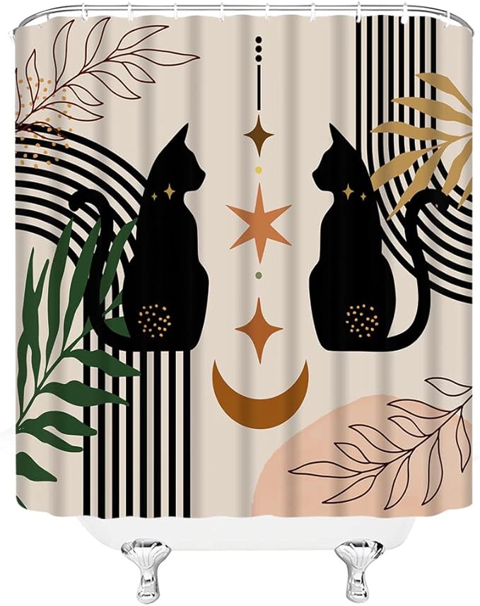 Boho Mid Century Black Cat Shower Curtain Black Beige Retro Abstarct Moon Stsr Boho Abstract Geometric Arch Minimalist 1950s 60s 70s Fabric Bathroom Decor Curtain Sets with Hooks,Beige Black