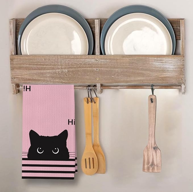 Black Cat Waffle Kitchen Towels, Gifts for Cat Lovers Moms Dish Tea Towels for Kitchen, Decorative Hand Towels for Bathroom Guest Room Decor, 16x24 Inch (Pink)