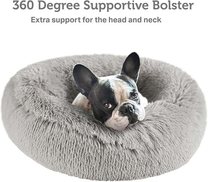 Friends Forever Luna Donut Cat Bed Cave, Soft Faux Fur Hooded Blanket Dog Couch For Indoor Pet, Fluffy Calming Plush Shag, Cozy Round Cushion, Machine Washable Cuddler, Self Warming, Grey