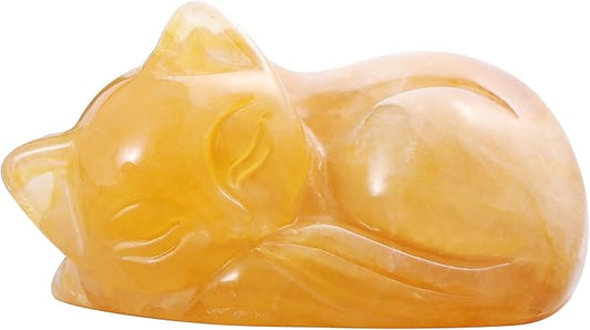 2" Sleeping Cat Statue Citrine Healing Crystals Hand Carved Cute Kitten Figurine, Worry Stone for Anxiety Relif Home Desk Decor Animal Figurine.