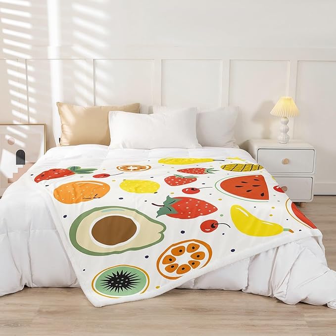 Tropical Fruit Print Fleece Throw Blanket Lemon Pineapple Watermelon Sherpa Blanket for Sofa Couch Bed Summer Vacation Style Plush Blanket Fresh Vibrant Fuzzy Blanket Bedroom Decor Queen 90x90 Inch