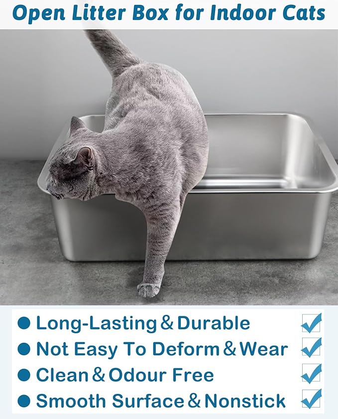 BNOSDM Stainless Steel Litter Box Small with Handles (16" x 12" x 6") Metal Cat Litter Pan High Sided Cat Toilet with Litter Sifting Scoop for Rabbits Kittens
