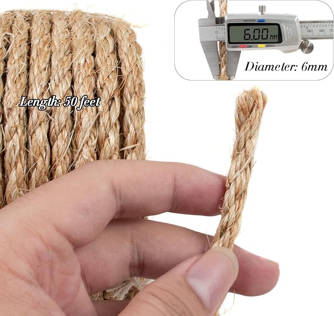 Sisal Rope for Cat Scratcher 1/4 Inch 50 Feet Cat Tree Rope Replacement Natural Hemp Rope, Thick Cat Scratching Post Rope for Indoor/Outdoor, Repairing, Recovering, DIY Scratcher (Brown)